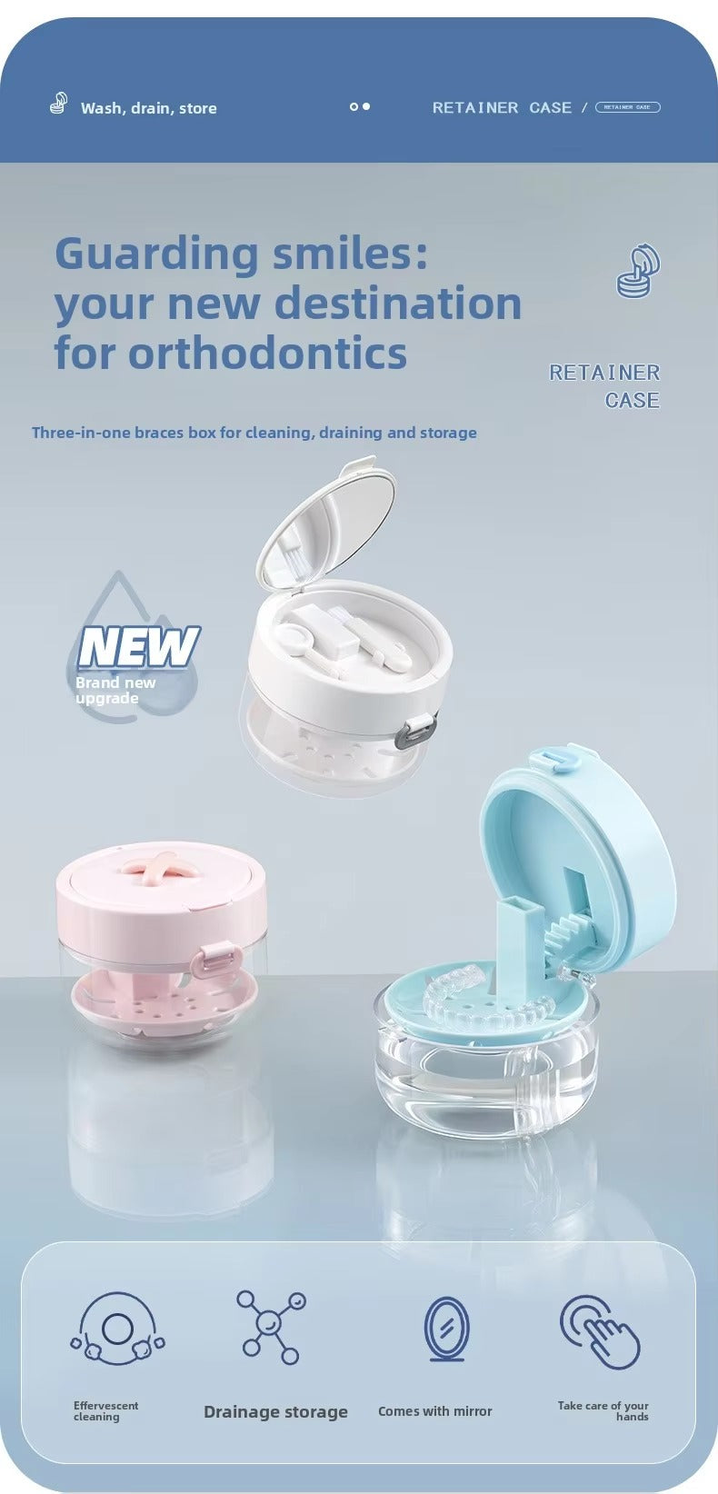 🔥LAST DAY SALE ONLY!!  3-in-1 Liftable Invisible Aligner Storage Case, with Mirror & Drain Tray, Universal for Retainers & Dentures