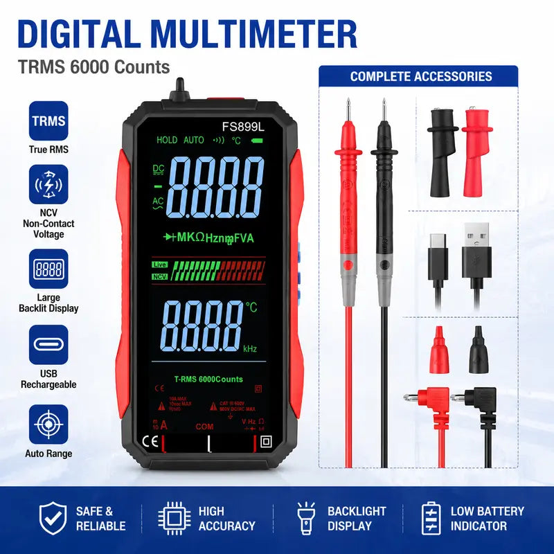 True RMS 6000-Count Smart Digital Multimeter – USB Rechargeable NCV Voltage Tester